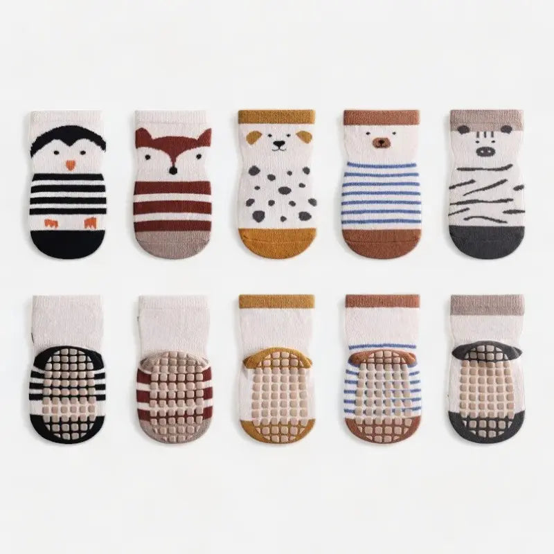 Chaussons chaussettes antidérapantes motifs animaux pour bébé - Lot de 5 paires