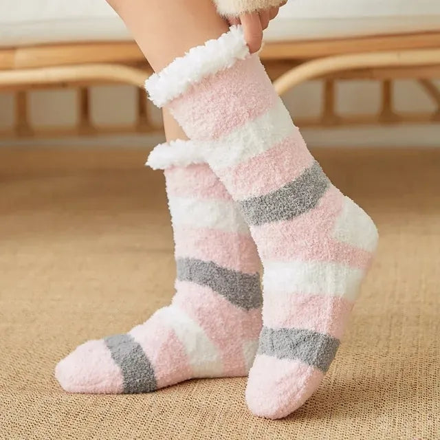 Chaussons chaussettes fourrées à bandes