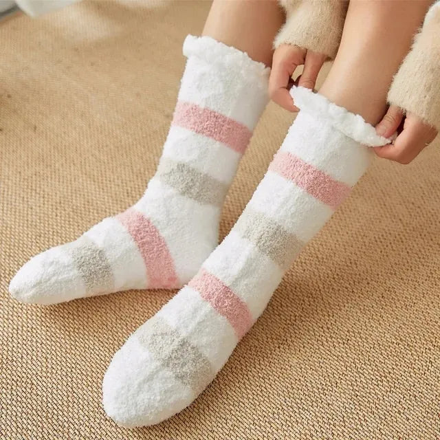 Chaussons chaussettes fourrées à bandes