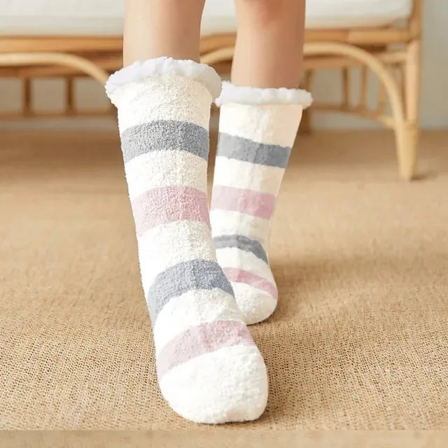 Chaussons chaussettes fourrées à bandes