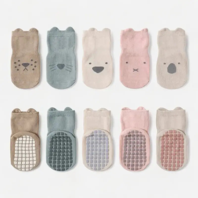 Chaussons chaussettes antidérapantes motifs têtes animaux pour bébé - Lot de 5 paires